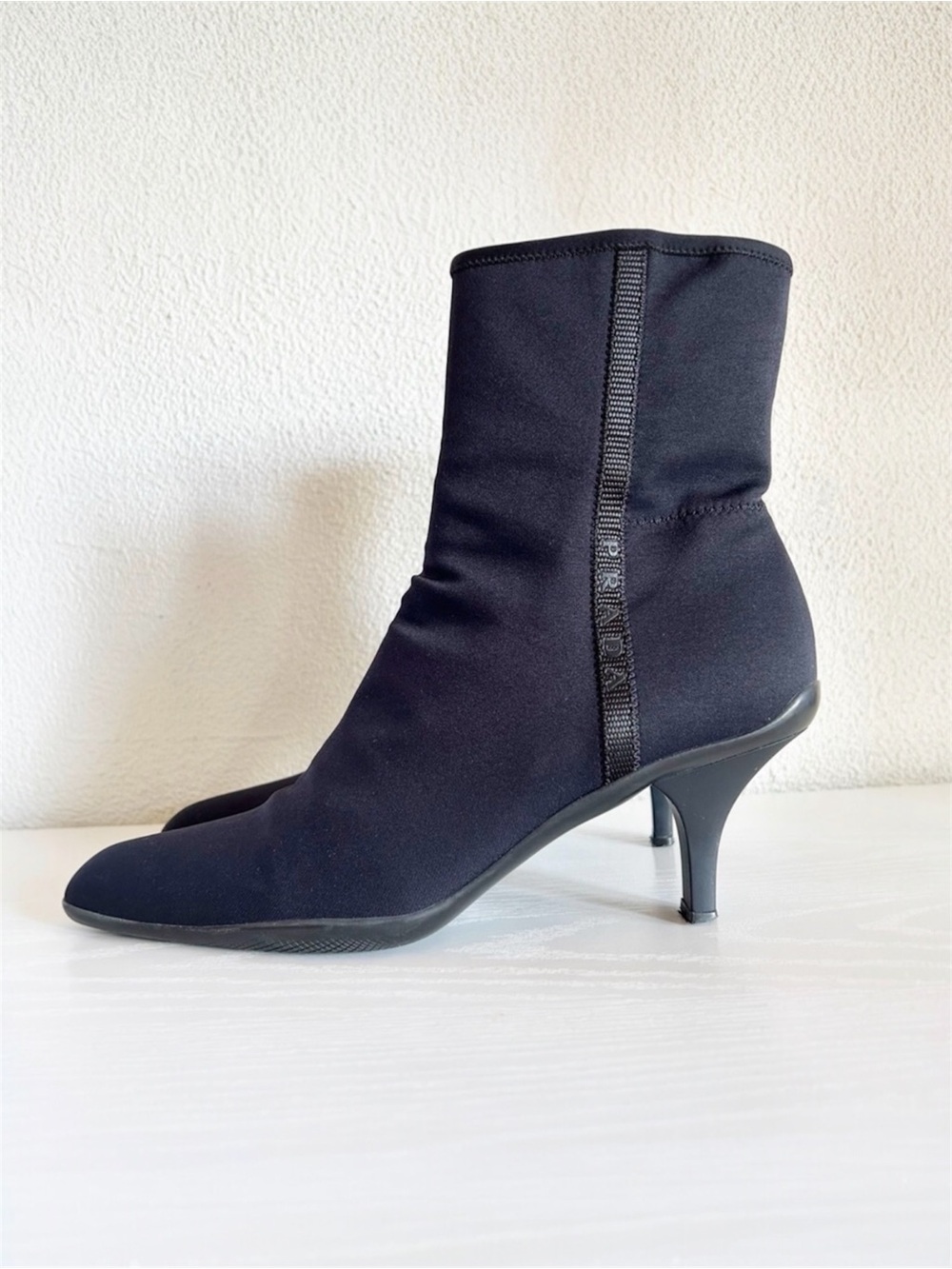 Prada Black Nylon Sock Boots Logo Heeled Ankle Boot Size EU 39.5